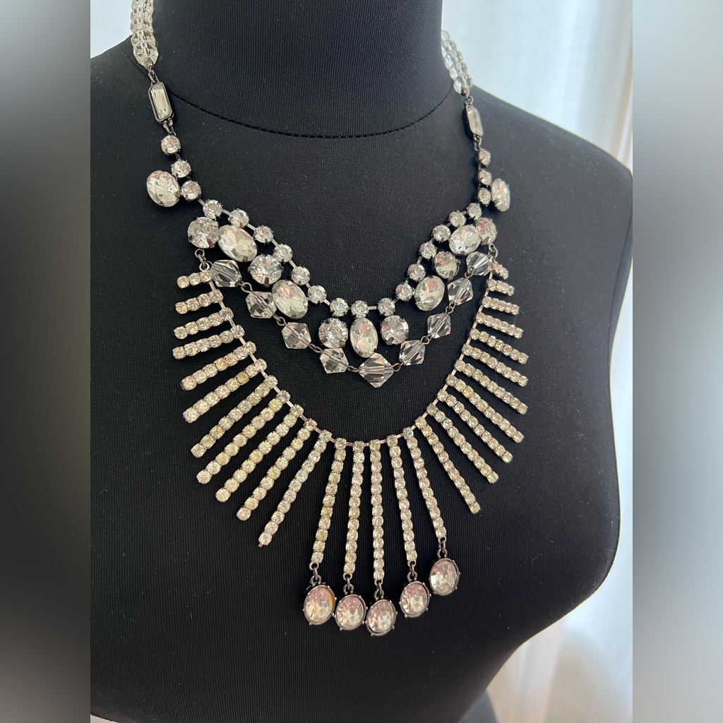 Silver Clear Rhinestone Bead Glam Layered Clasp Party Necklace Earrings 99$